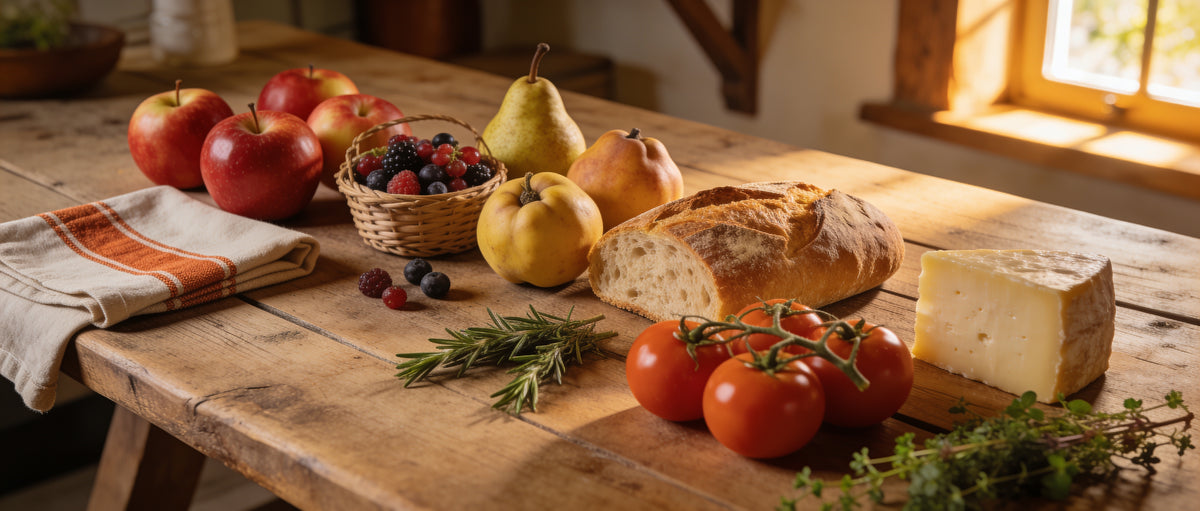 Mitch's Preserves Warrnambool country kitchen table spread with fresh apples, pears, berries, quince, bread and cheese