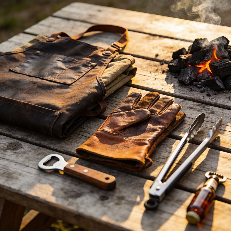 RubHub merchandise flat-lay — leather apron, work gloves, bottle opener and tongs on a rustic timber table beside glowing charcoal lifestyle photo