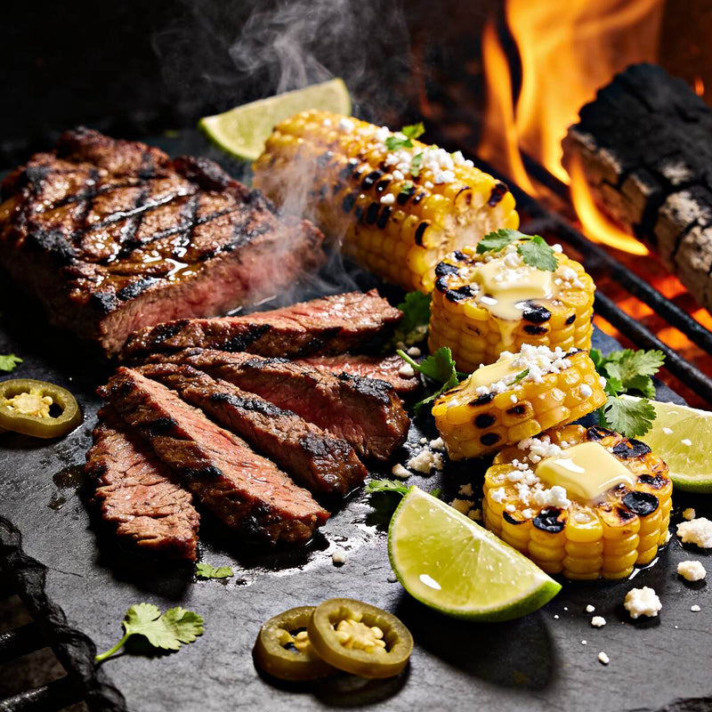 Char-grilled carne asada steak strips with charred elote corn, cotija cheese, lime and jalapeño — Mexican category lifestyle photo lifestyle photo