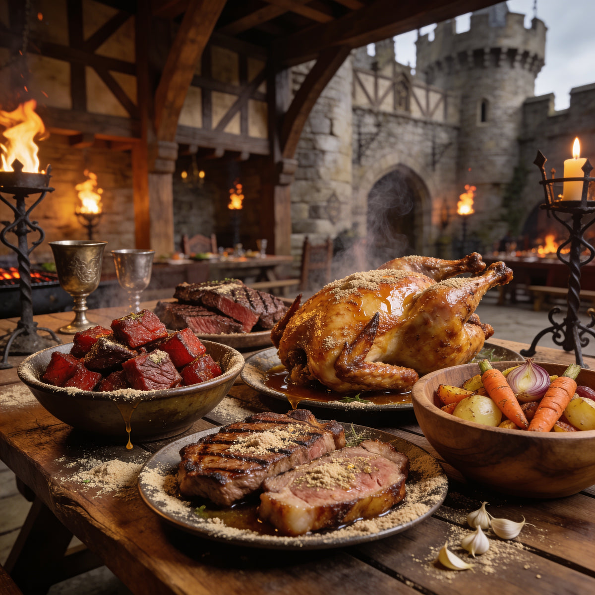 Full medieval banquet feast with bowls of red meat, steak, roast chicken, pork chops and vegetables all dusted in AP Warlord seasoning