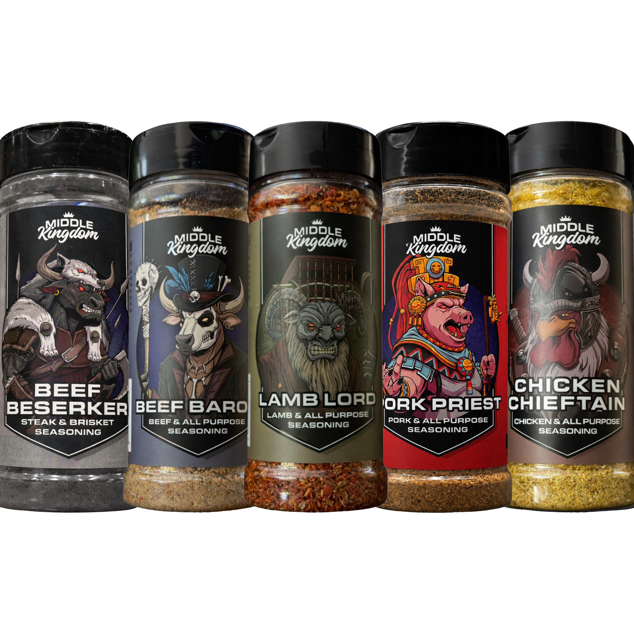Middle Kingdom BBQ rub and seasoning bundle 5 pack — all five shakers on transparent background