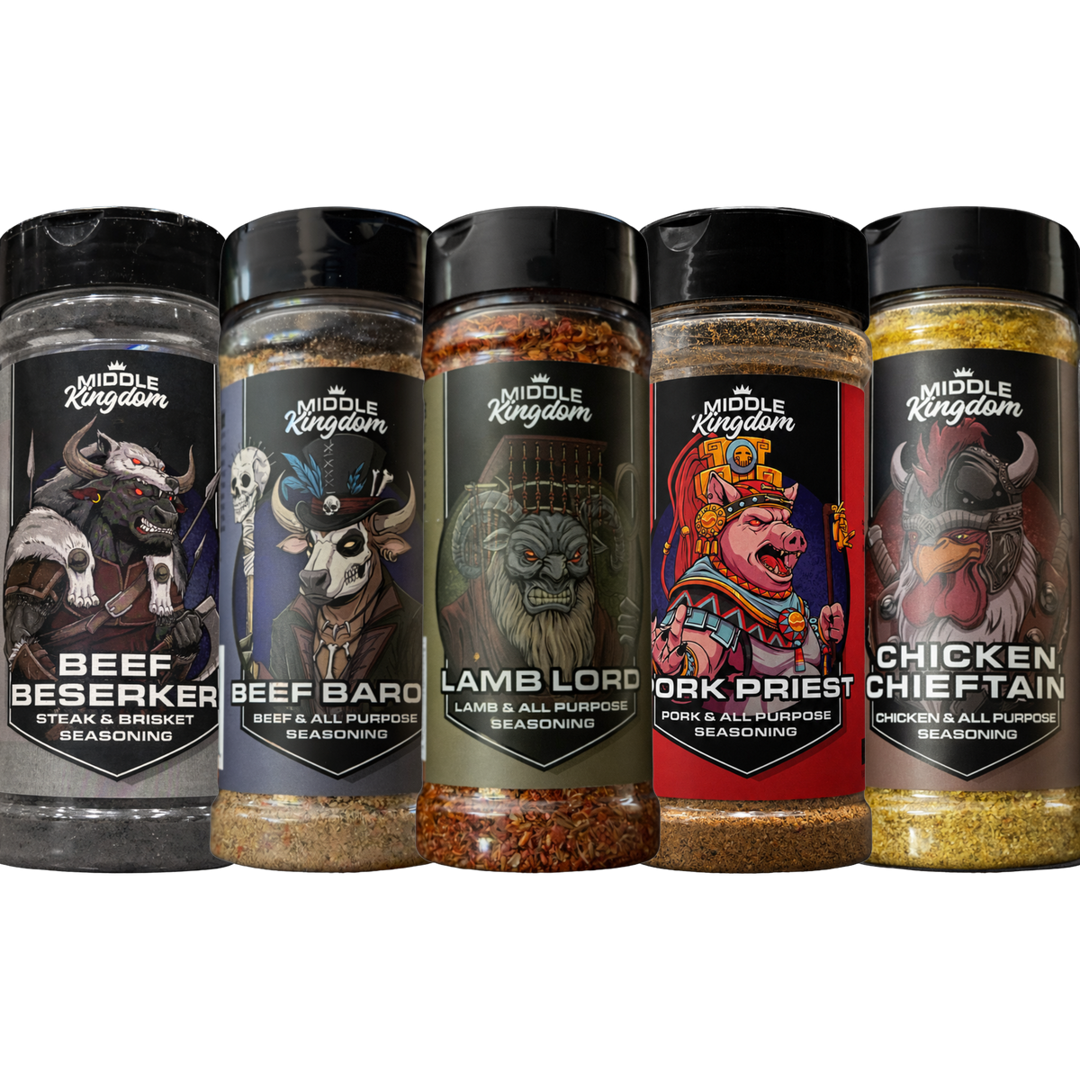 Middle Kingdom BBQ rub and seasoning bundle 5 pack — all five shakers on transparent background