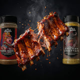 Middle Kingdom BBQ seasoning bundle 5 pack — pork ribs pulled apart with sticky glaze stringing between the bones