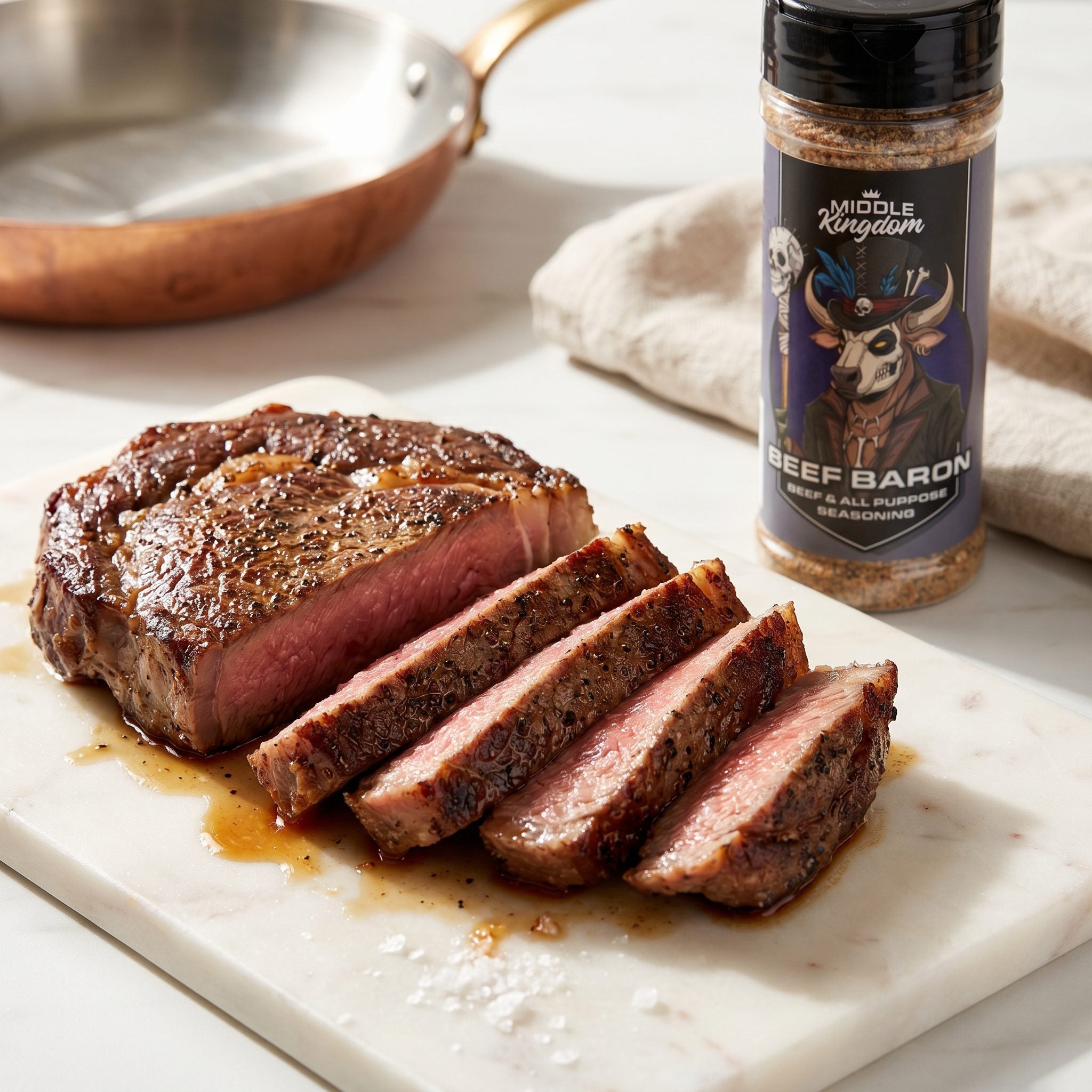 Middle Kingdom Beef Baron 165g beef seasoning — sliced reverse-seared ribeye with a dark coffee crust and rosy interior on marble