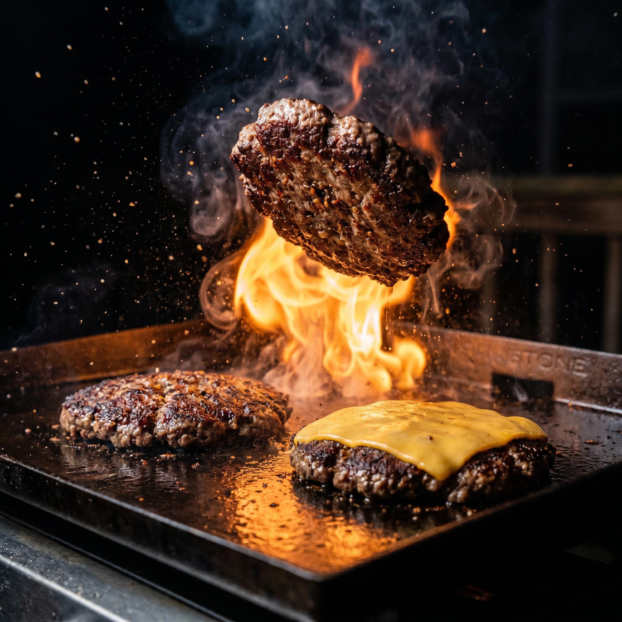 Middle Kingdom Beef Baron 165g beef seasoning — seasoned beef burger patty caught mid-flip over a hot flat-top with flame flare