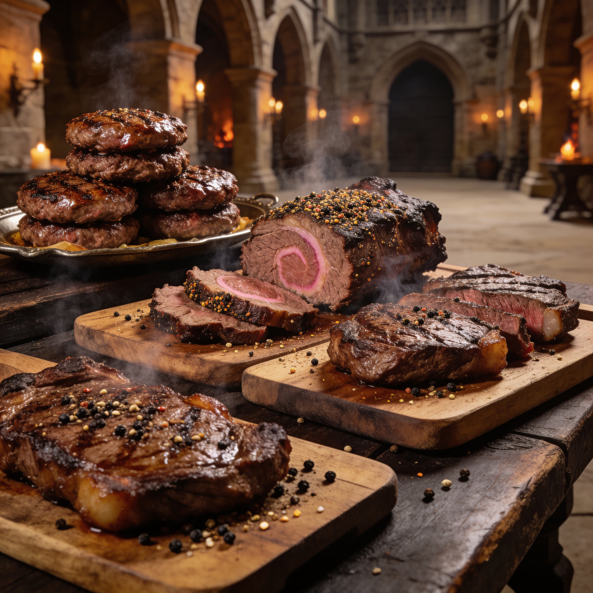 Medieval banquet feast featuring burger patties, sliced brisket and steak, all coated in cracked black pepper and coffee-dark seasoning