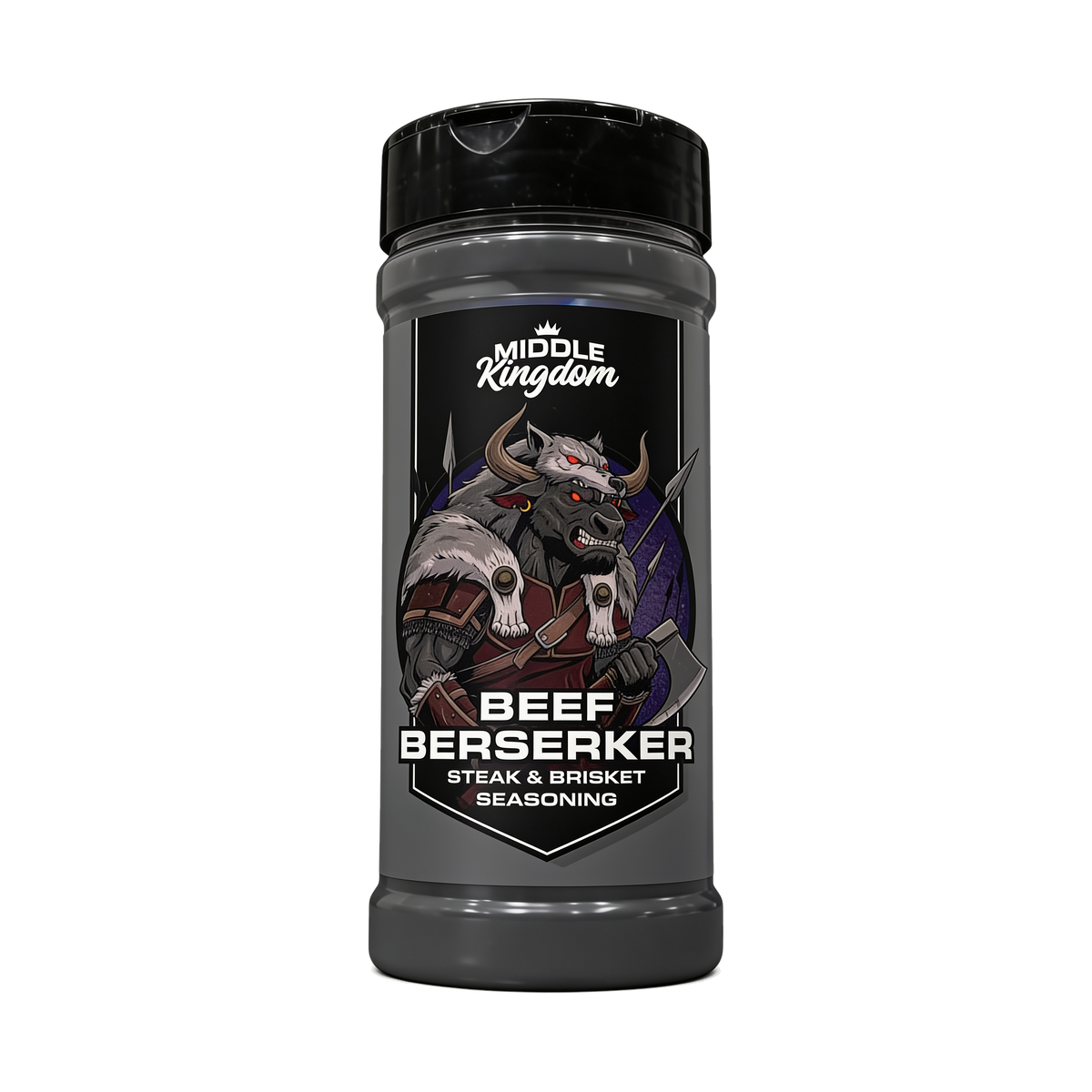 Middle Kingdom Beef Berserker 170g steak and brisket seasoning — front of shaker on transparent background