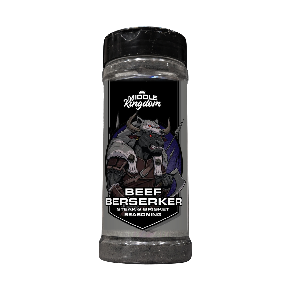 Middle Kingdom Beef Berserker 170g steak and brisket seasoning — front of shaker on transparent background