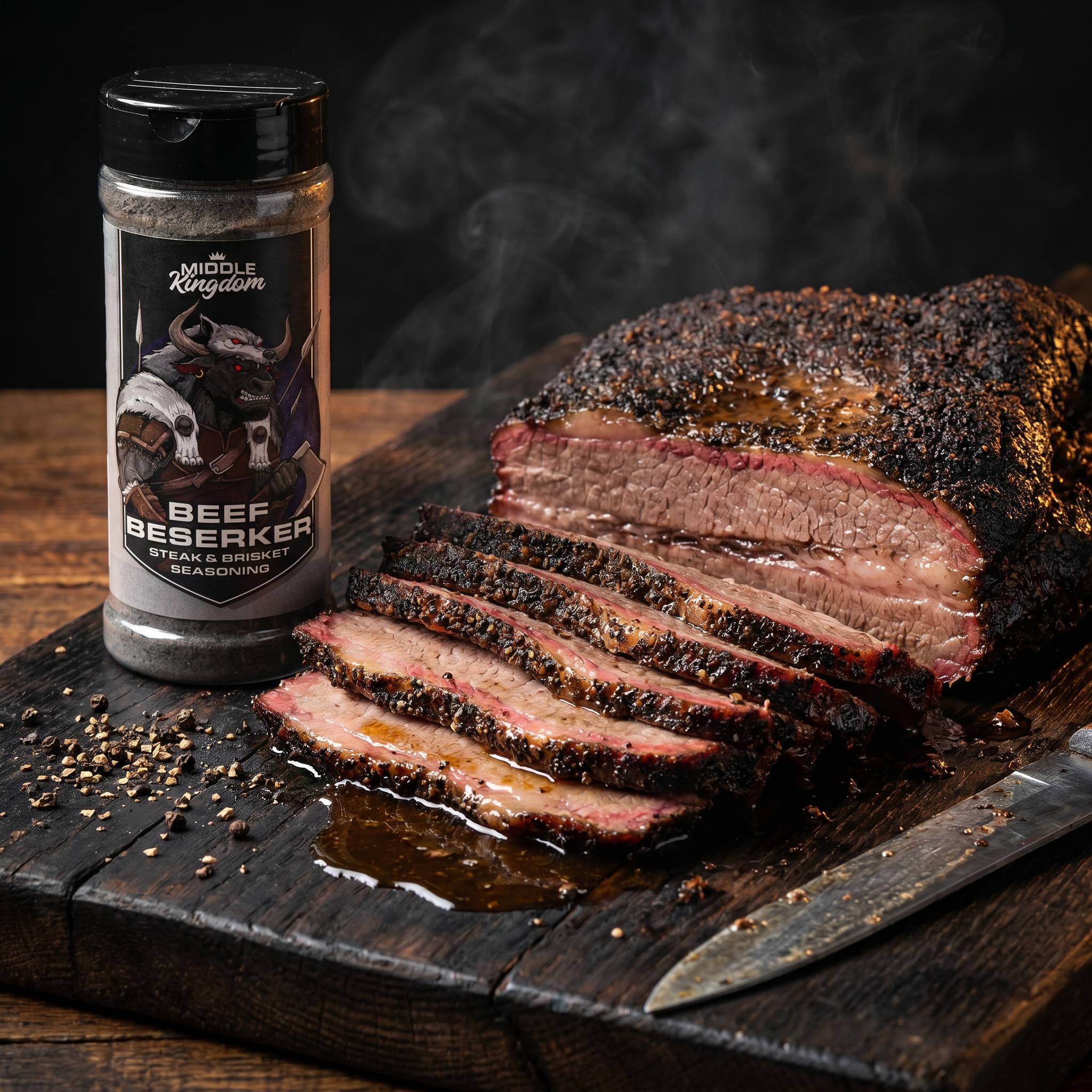 Middle Kingdom Beef Berserker 170g steak and brisket seasoning — smoked beef brisket slices with a dark peppery bark and smoke ring on a timber board