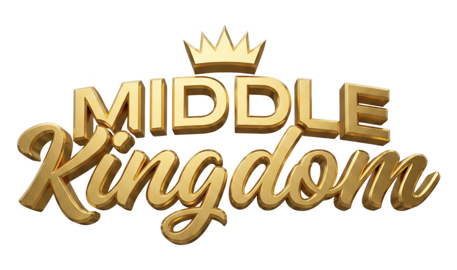Middle Kingdom brand logo, gold crown above a 3D gold script wordmark, on transparent background