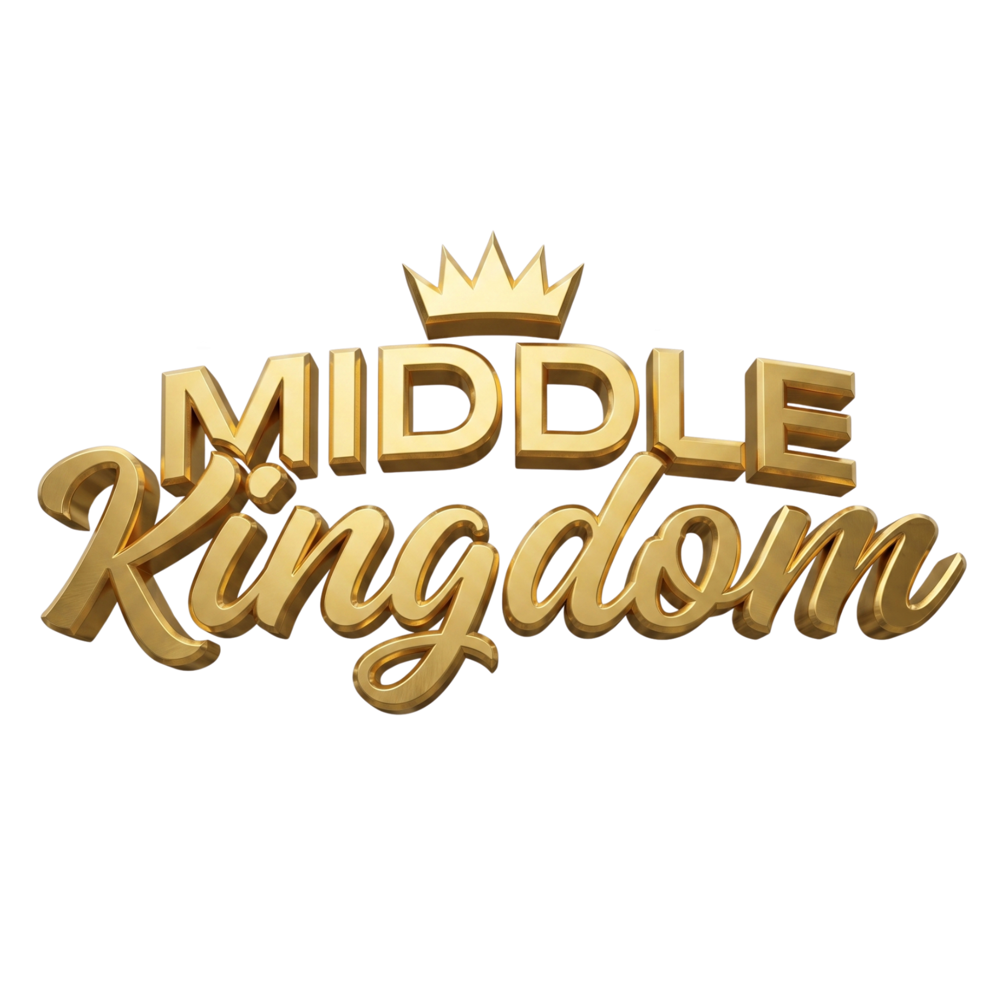 Middle Kingdom brand logo, gold crown above a 3D gold script wordmark, on transparent background
