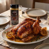 Middle Kingdom Chicken Chieftain 160g chicken seasoning — whole roast chicken with golden crisp skin on a platter at a family table