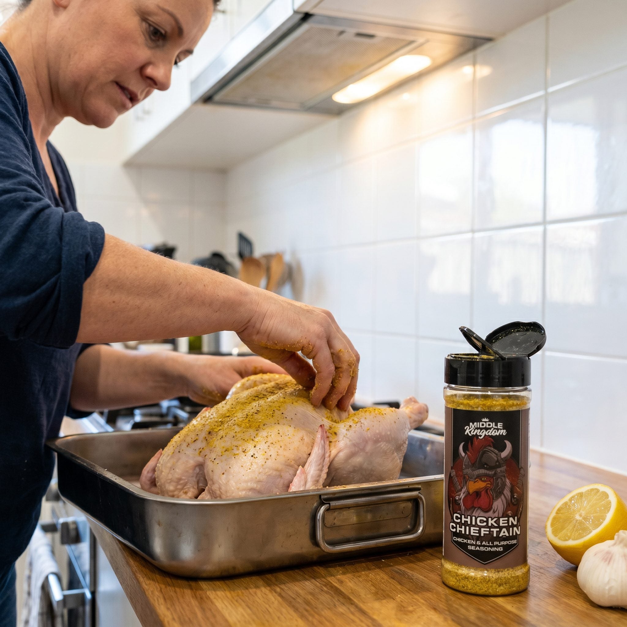 Middle Kingdom Chicken Chieftain 160g chicken seasoning — home cook rubbing the seasoning under the skin of a whole raw chicken