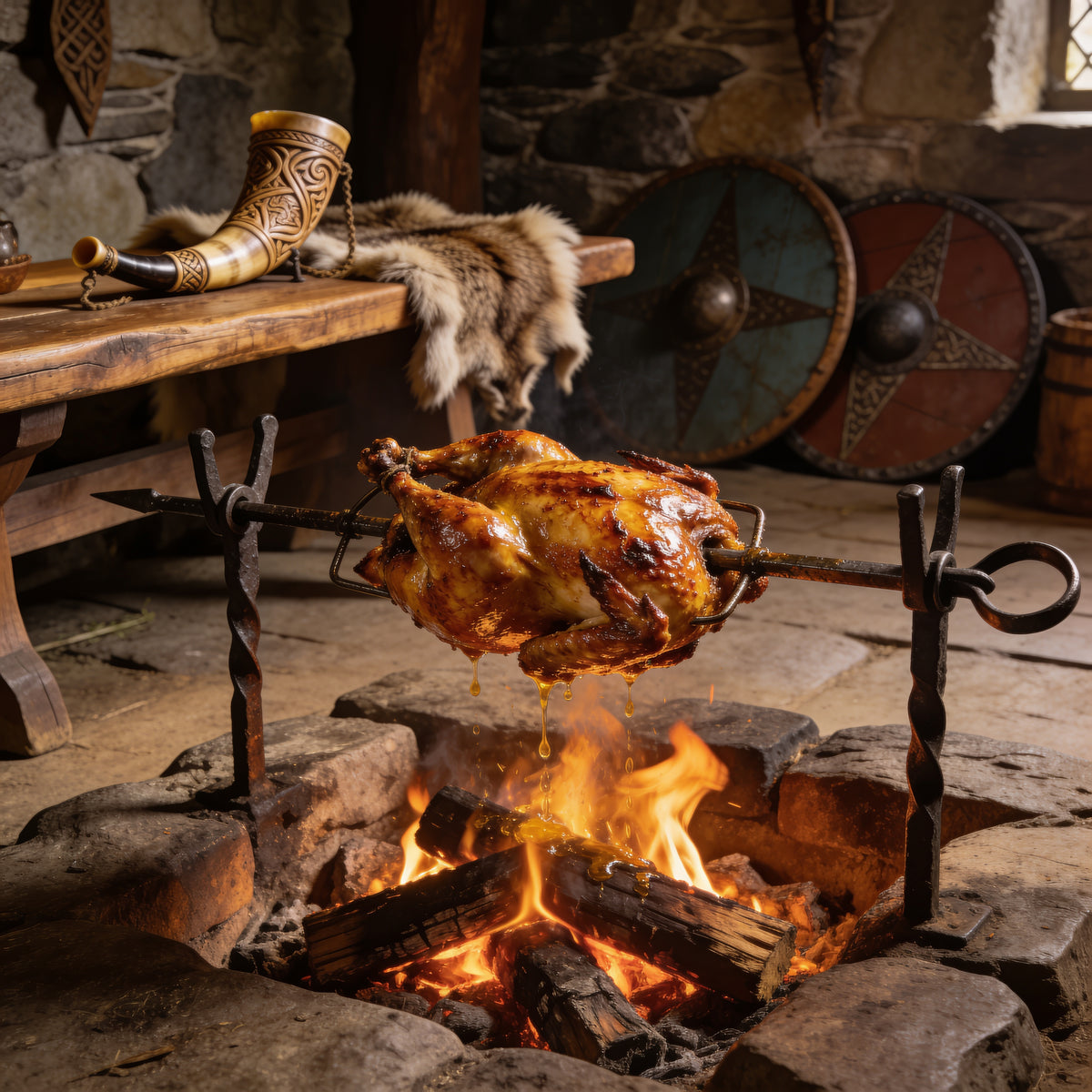 Roast chicken feast in a rustic viking mead hall, medieval fantasy scene
