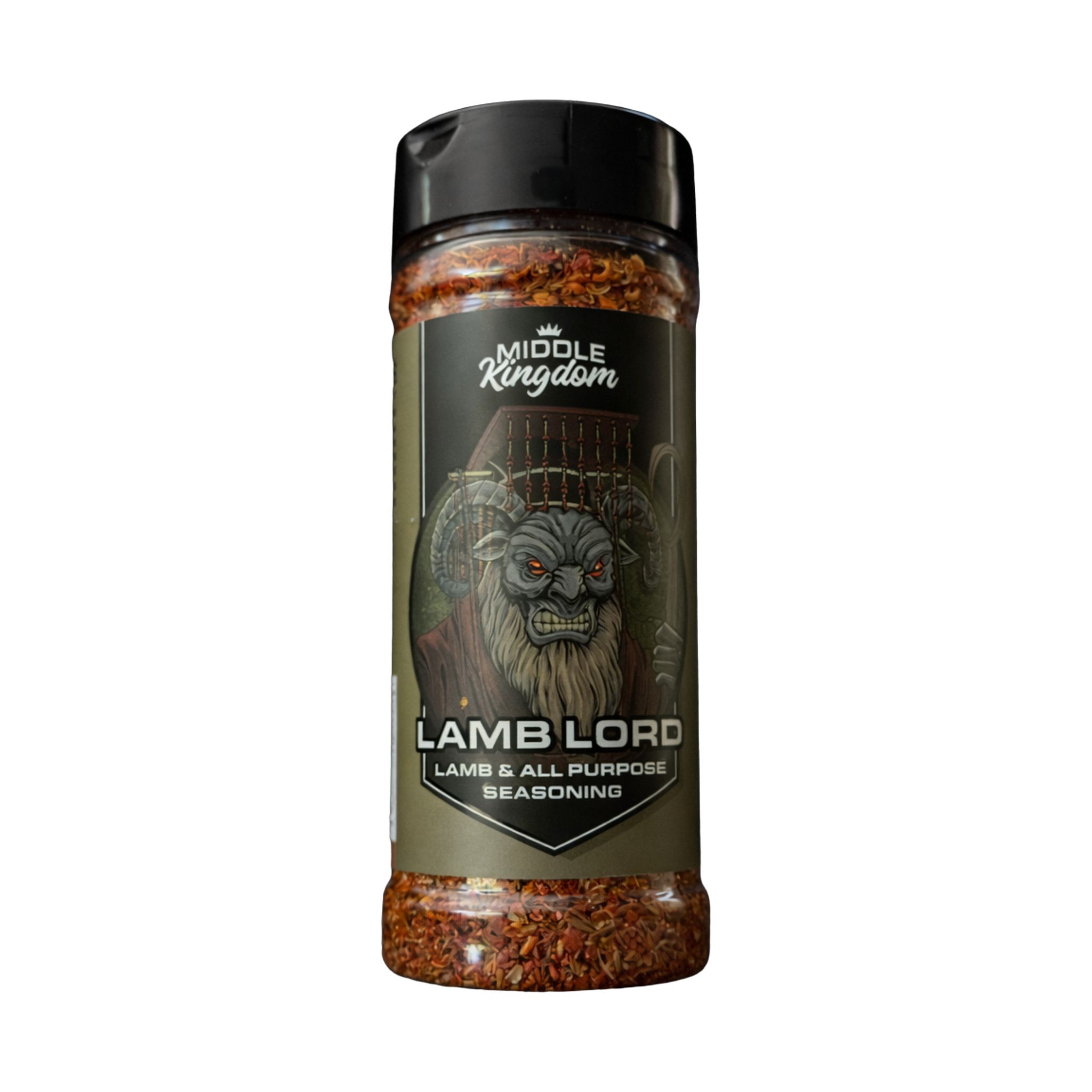 Middle Kingdom Lamb Lord 135g lamb and all-purpose seasoning — front of shaker on transparent background