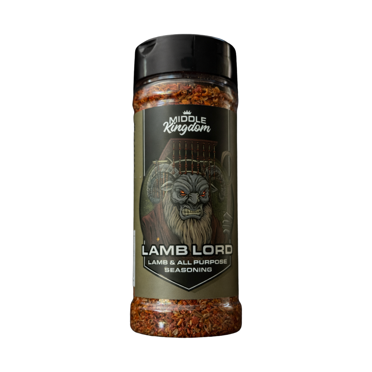Middle Kingdom Lamb Lord 135g lamb and all-purpose seasoning — front of shaker on transparent background
