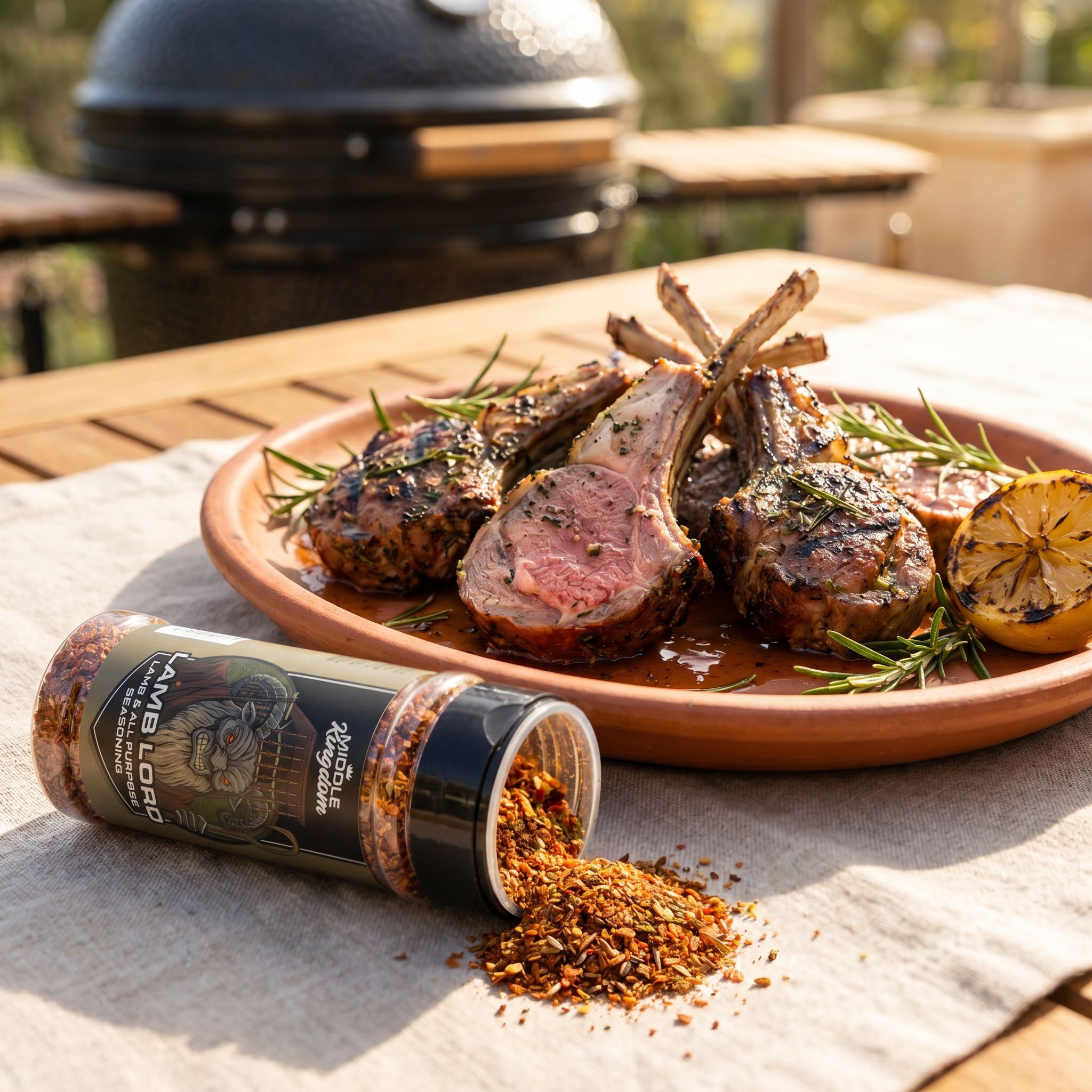 Middle Kingdom Lamb Lord 135g lamb seasoning — grilled lamb cutlets with herby crusts and blushing pink centres on a terracotta platter