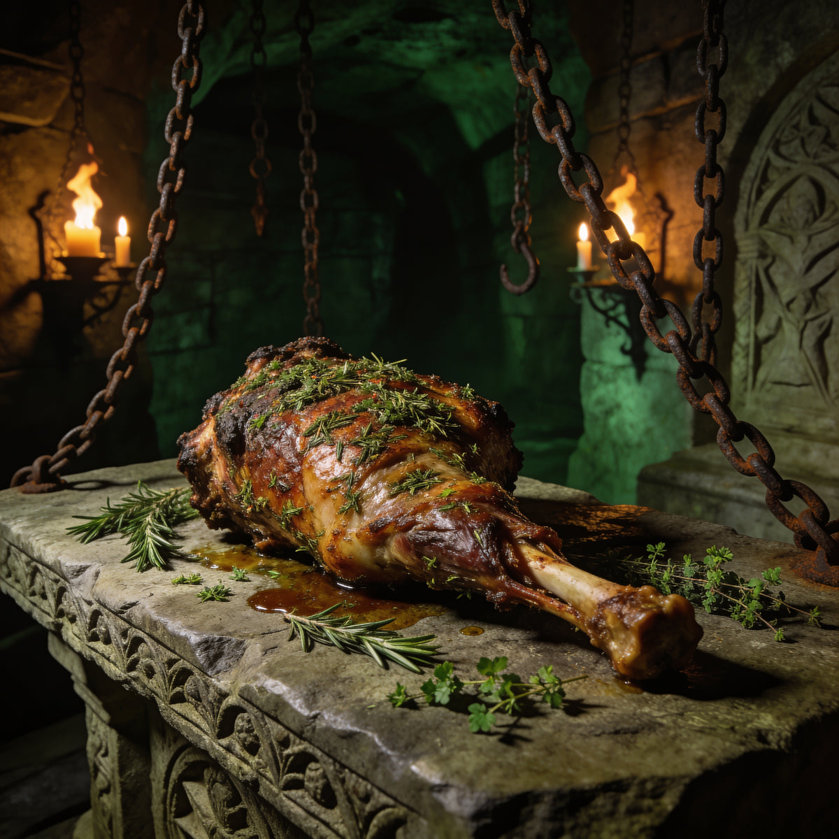 Herb-crusted lamb chops in a mystical dungeon banquet with chains and green light, medieval fantasy scene