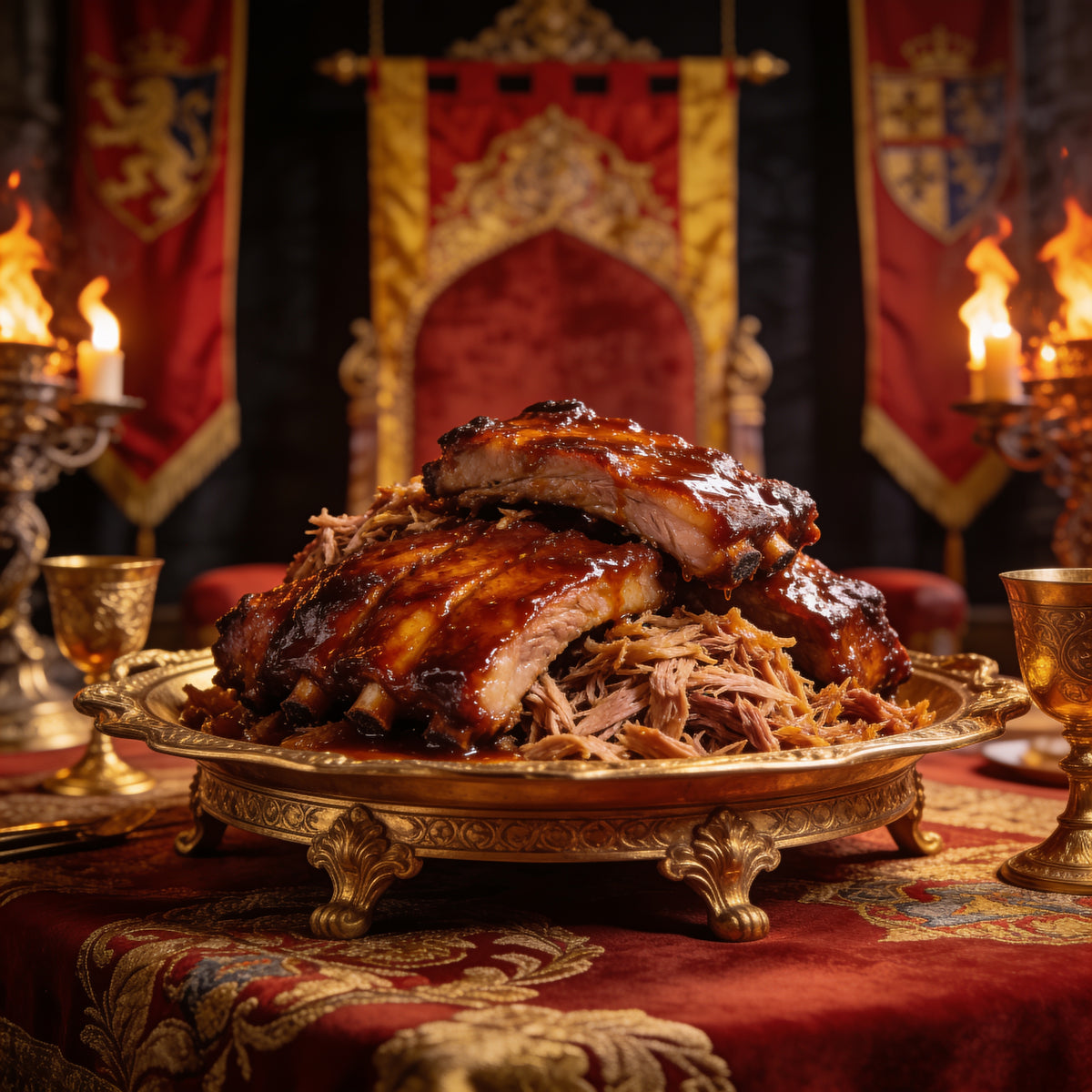 Pulled pork and ribs feast in a royal red and gold throne room, medieval fantasy scene