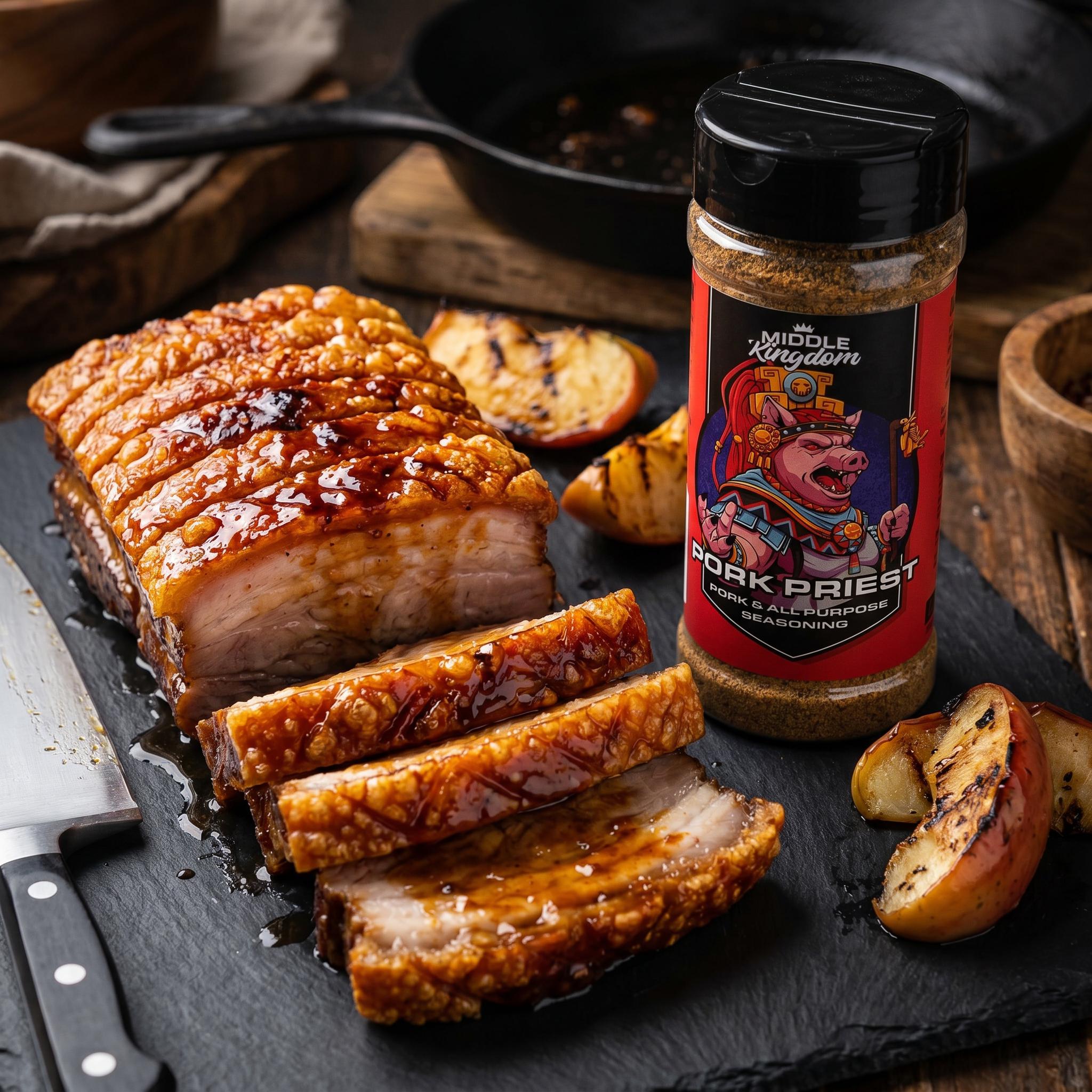 Middle Kingdom Pork Priest 170g pork seasoning — roast pork belly sliced into fingers with golden blistered crackling on dark slate