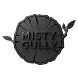 Misty Gully brand logo, embossed timber log-ring emblem, on transparent background