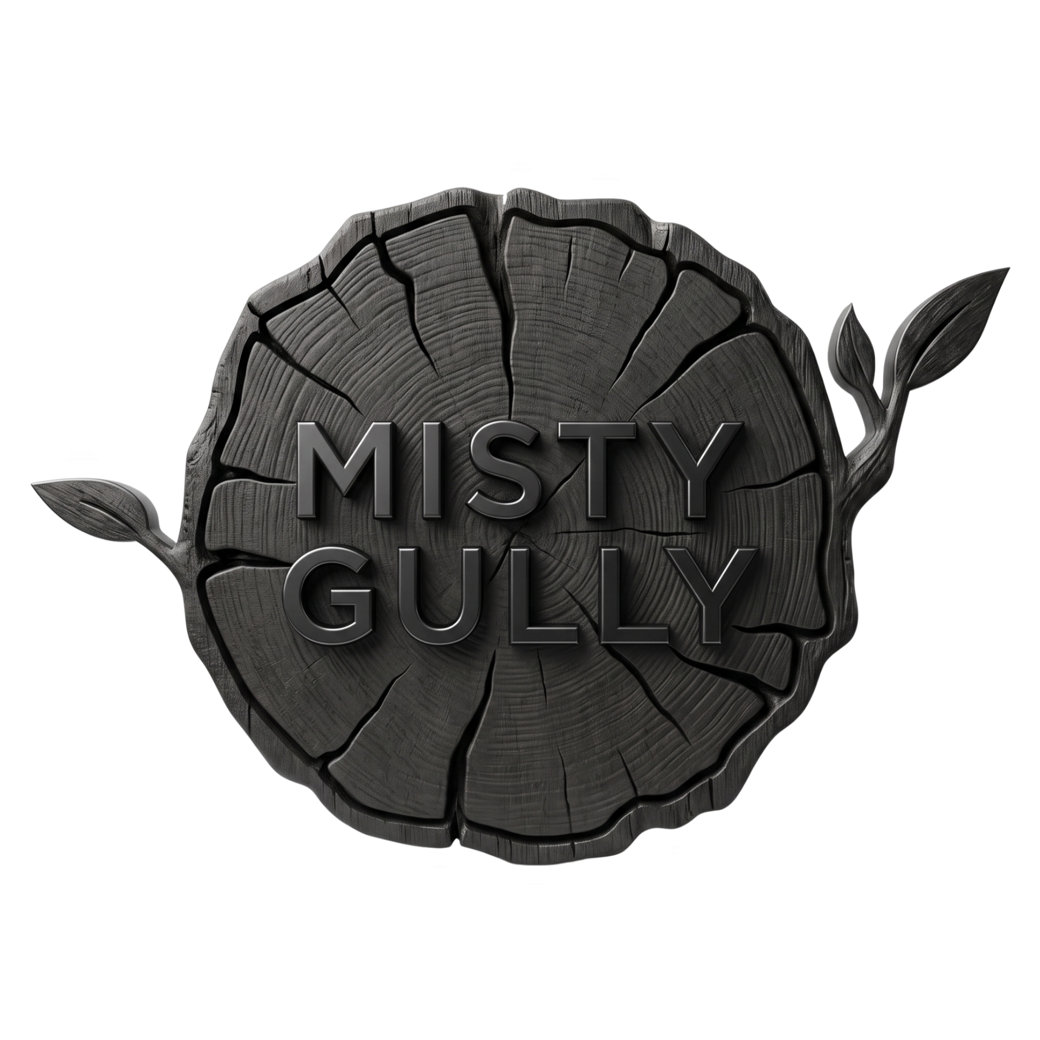 Misty Gully brand logo, embossed timber log-ring emblem, on transparent background