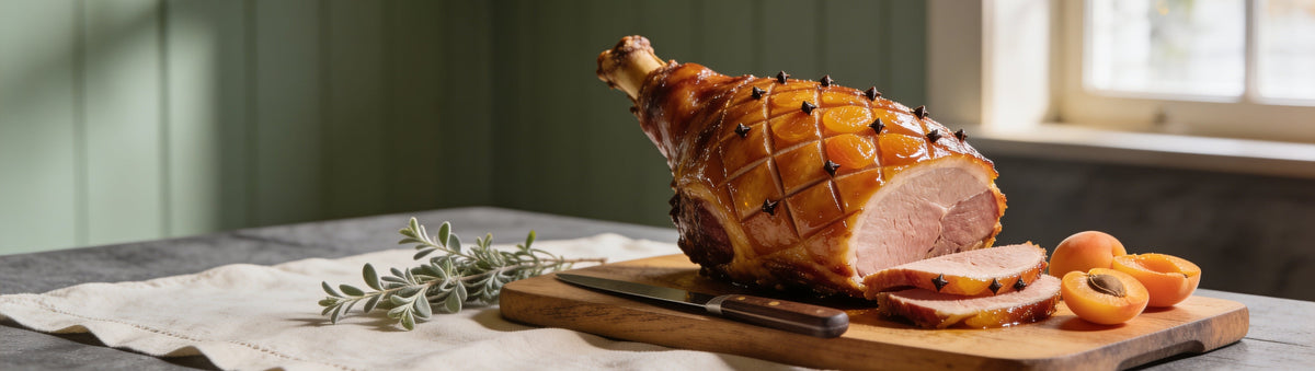 Mitch's Preserves Apricot Jam: Apricot-glazed baked leg ham with fresh apricots on a farmhouse dining table