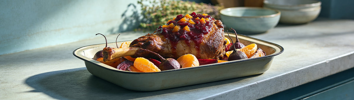 Mitch's Preserves Beetroot & Orange Chutney: Roast lamb leg glazed with beetroot and orange chutney