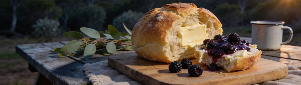 Mitch's Preserves Blackberry Jam: Torn damper loaf with butter and blackberry jam on a bush camp table at dusk