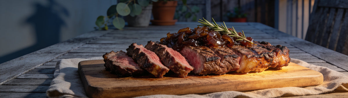 Mitch's Preserves Caramelised Onion Relish: Sliced rump steak topped with caramelised onion relish