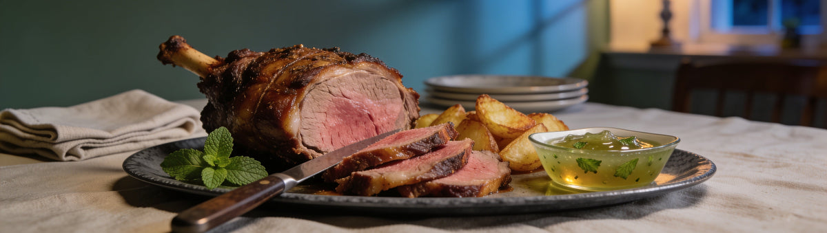 Mitch's Preserves Mint Jelly: Carved roast leg of lamb with roast potatoes and mint jelly