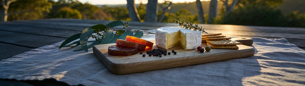 Mitch's Preserves Muntrie & Pepperberry Paste: Soft cheese, fruit paste and pepperberries on a bush deck at golden hour