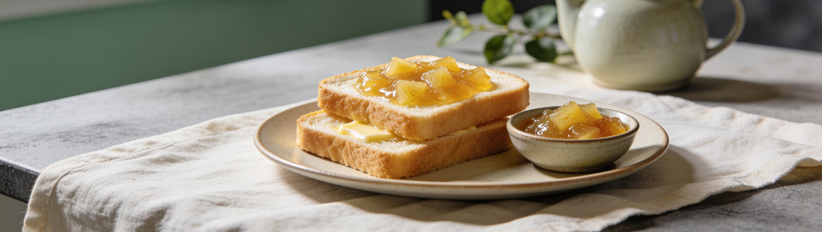 Mitch's Preserves Pineapple Jam: Buttered toast with pineapple jam and a teapot on a sunny breakfast table