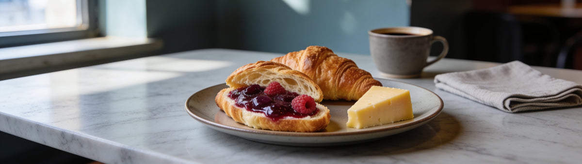 Mitch's Preserves Plum & Raspberry Jam: Croissants with plum and raspberry jam and cheddar on a marble cafe table