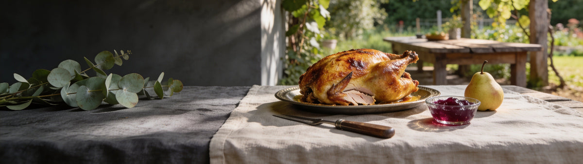Mitch's Preserves Quince Jelly: Golden roast chicken with garnet quince jelly and fresh quince under a vine pergola
