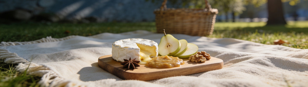 Mitch's Preserves Spiced Pear Paste: Oozing brie with spiced pear paste and fresh pear on a picnic rug