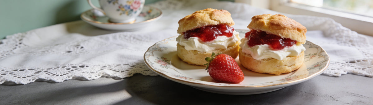 Mitch's Preserves Strawberry Jam: Devonshire tea scones with strawberry jam and cream on a lace tearoom table