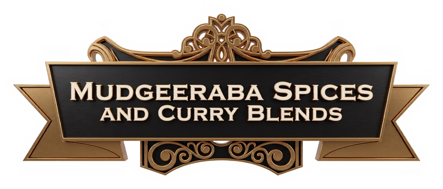 Mudgeeraba Spices and Curry Blends brand logo, ornate banner crest, gold on transparent background, Gold Coast QLD