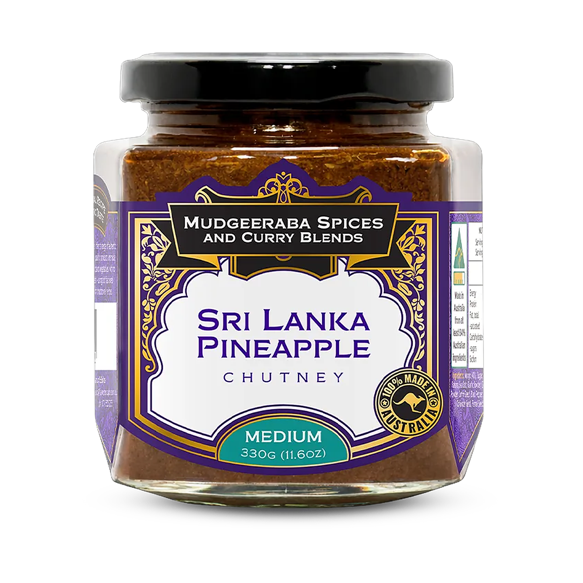 Mudgeeraba Spices Sri Lanka Pineapple Chutney Medium 330g jar, front label