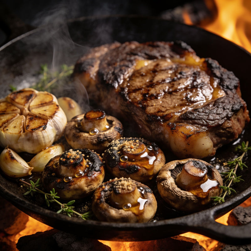 Seared steak with charred whole mushrooms and roasted garlic in a cast-iron pan over coals lifestyle photo