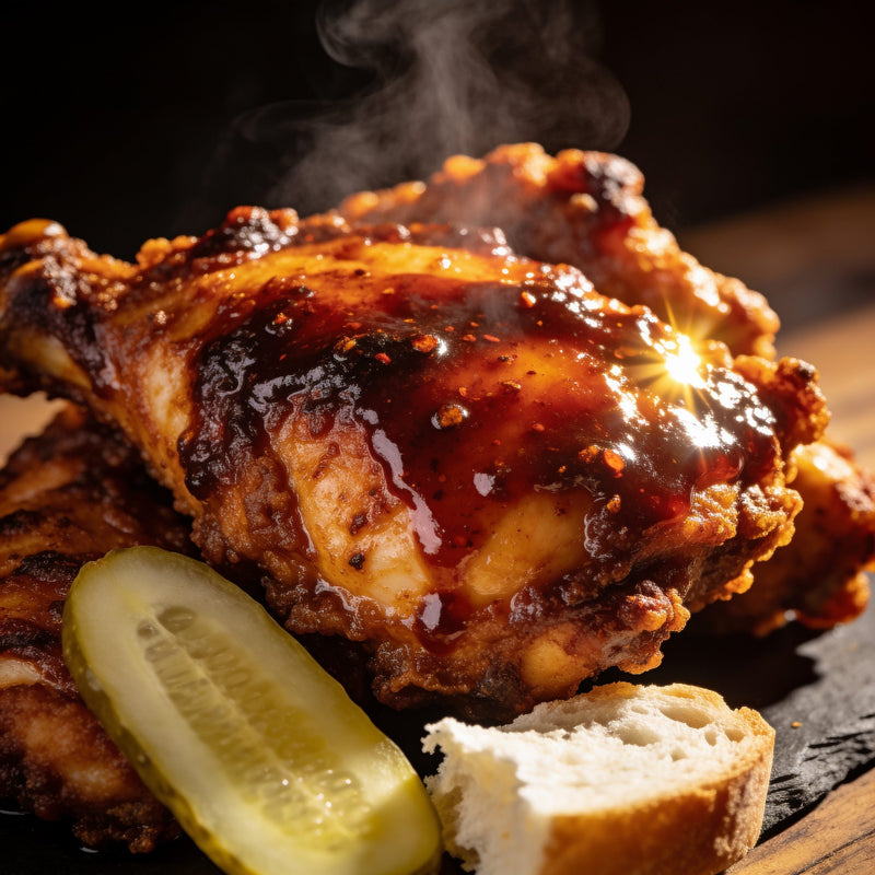 Nashville hot fried chicken with cayenne-oil glaze, pickle and white bread lifestyle photo
