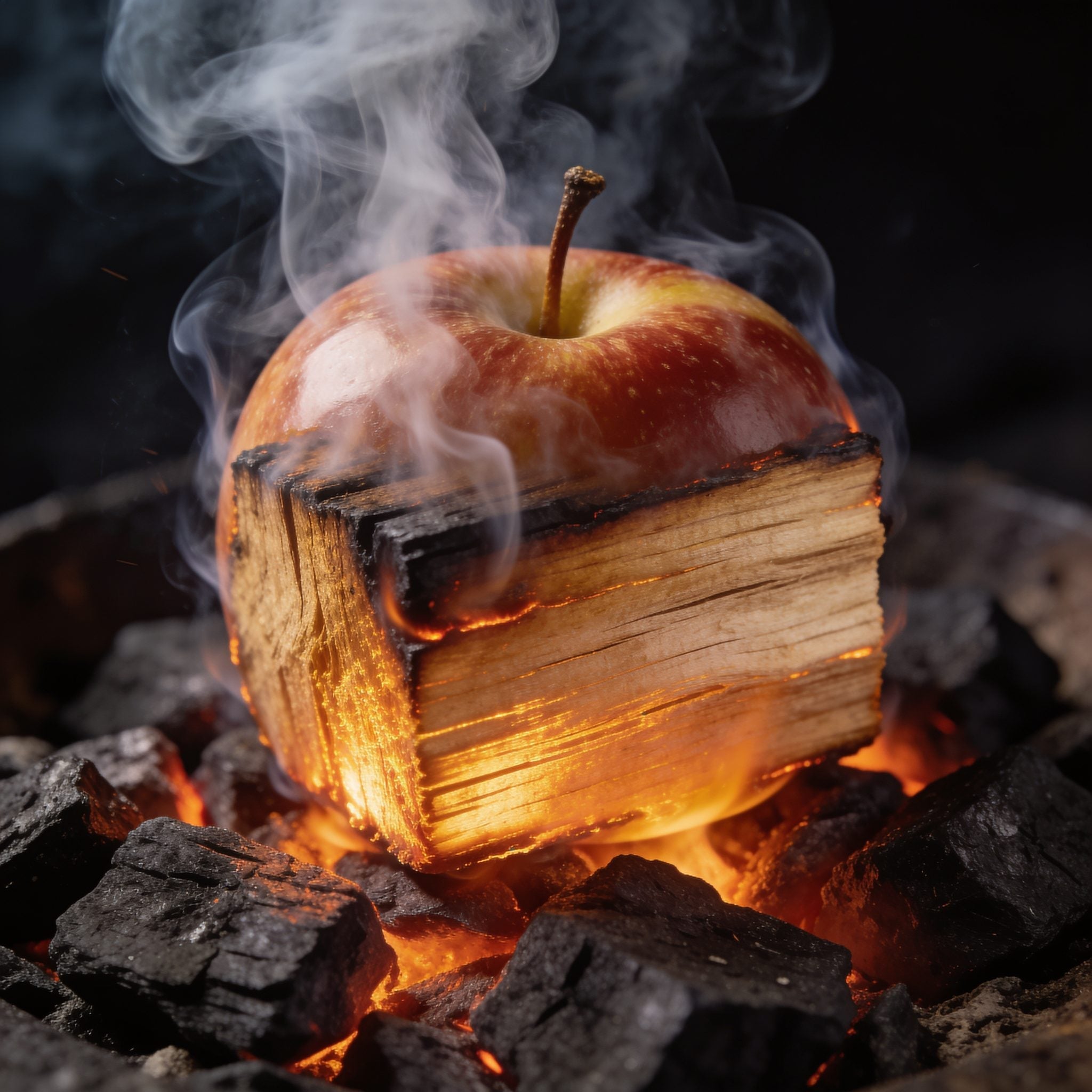 Natural Smoke Apple wood chunks smoking on hot coals