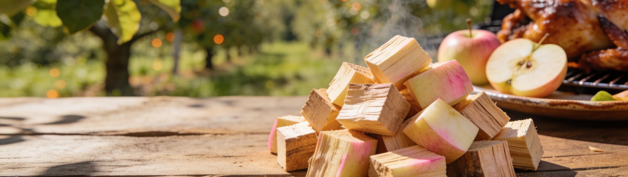 Apple wood chunks with a light smoke haze in soft natural bushland light