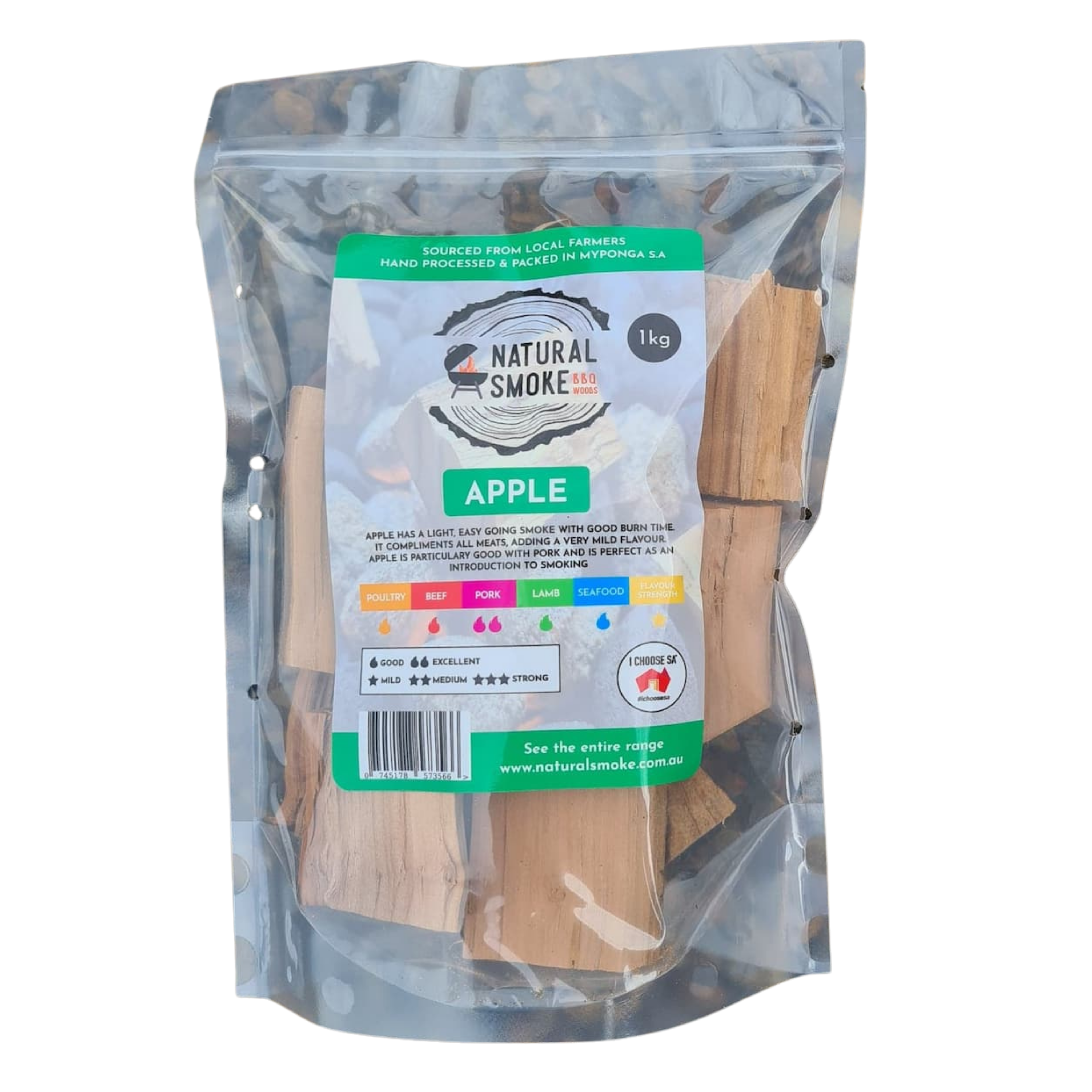 Natural Smoke BBQ Woods Apple wood chunks 1kg bag — front of bag on transparent background