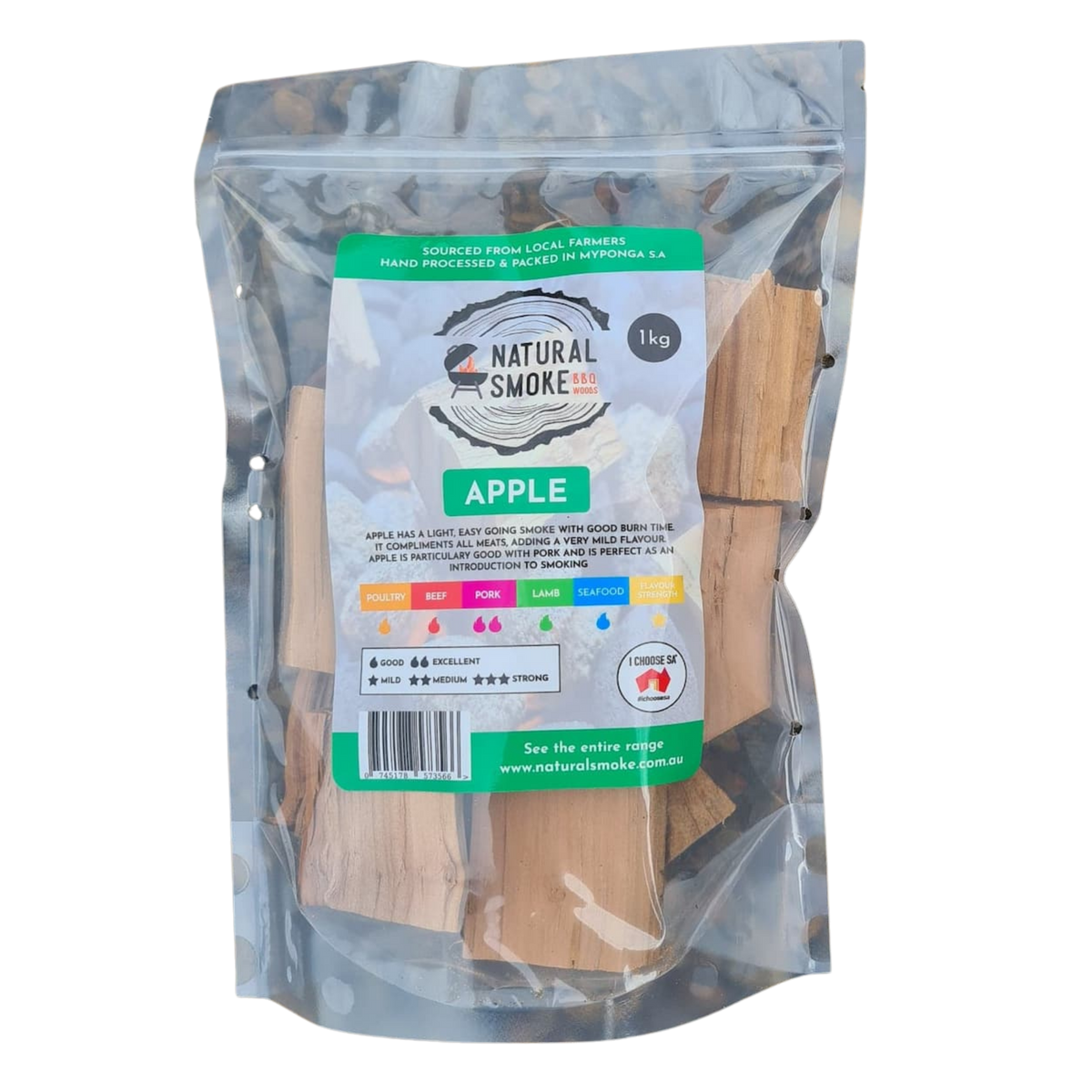 Natural Smoke BBQ Woods Apple wood chunks 1kg bag — front of bag on transparent background