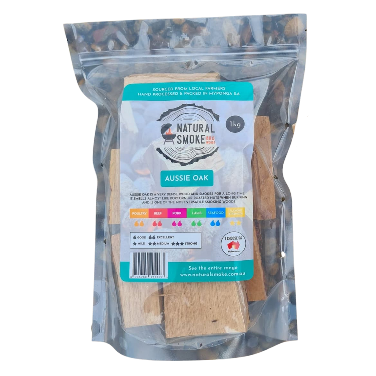 Natural Smoke BBQ Woods Aussie Oak wood chunks 1kg bag — front of bag on transparent background
