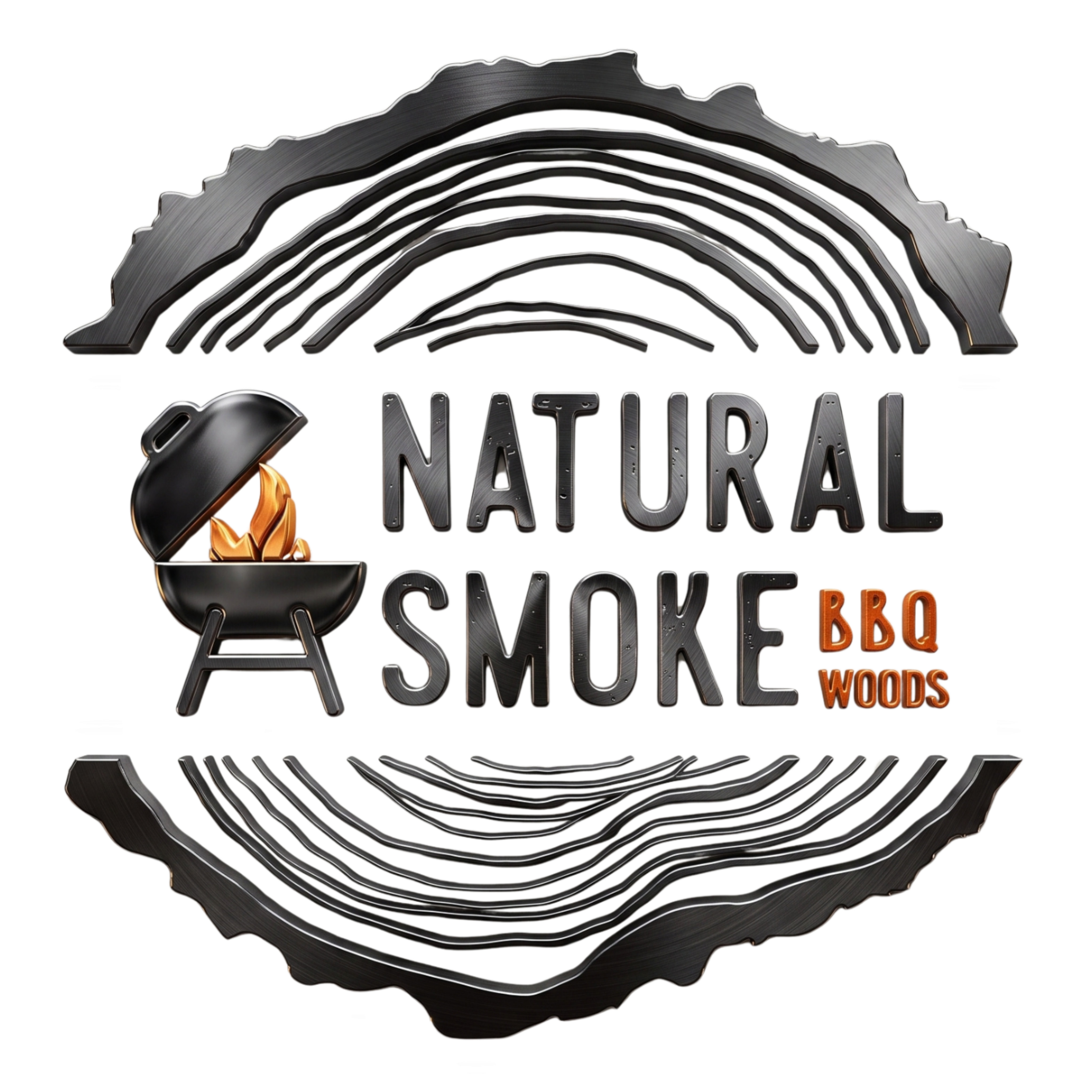 Natural Smoke BBQ Woods brand logo, frosted 3D wordmark on transparent background
