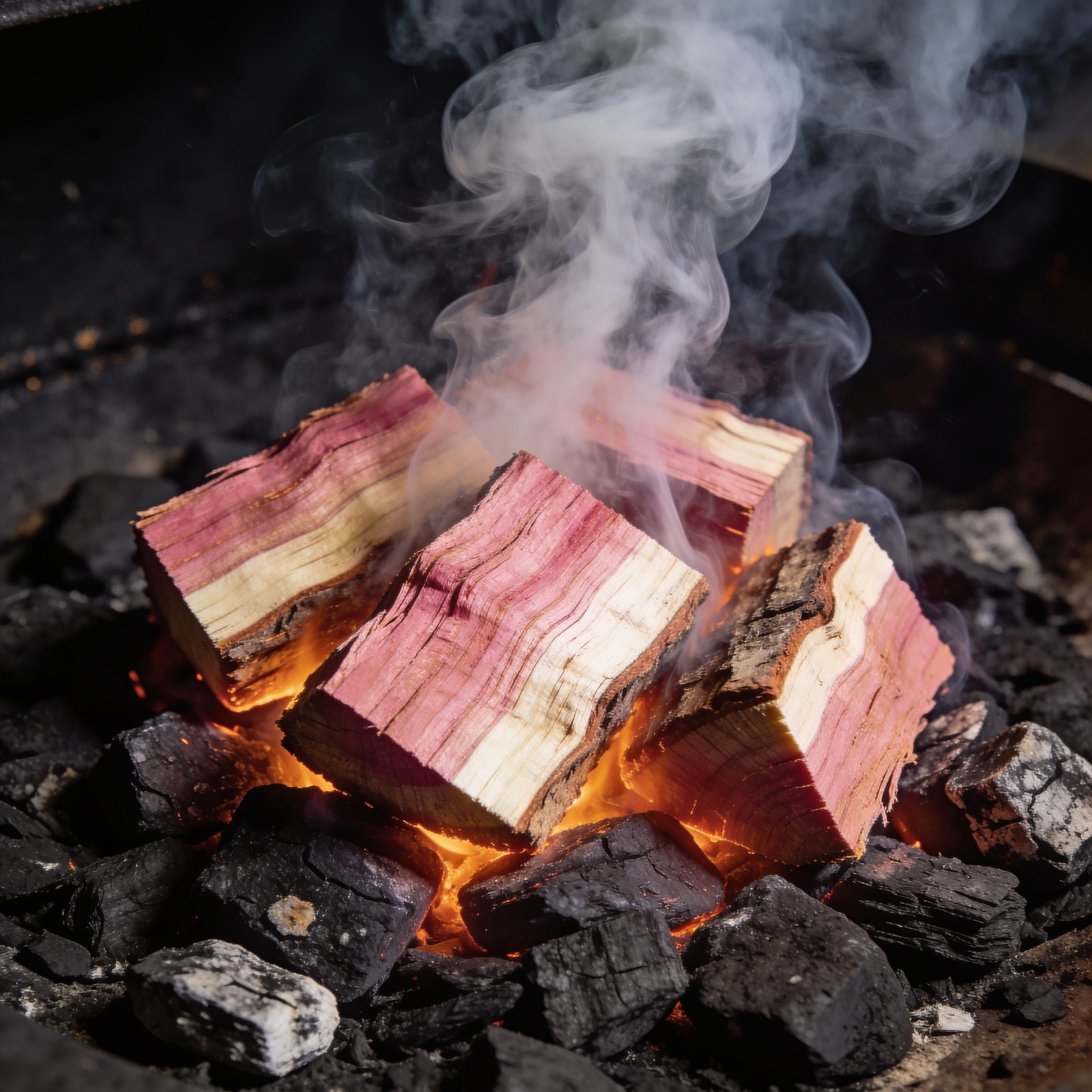 Natural Smoke Cherry wood chunks smoking on hot coals