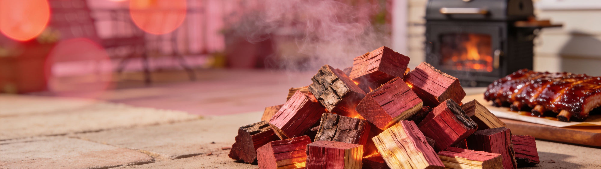 Cherry wood chunks glowing with a gentle smoke haze in Australian bushland
