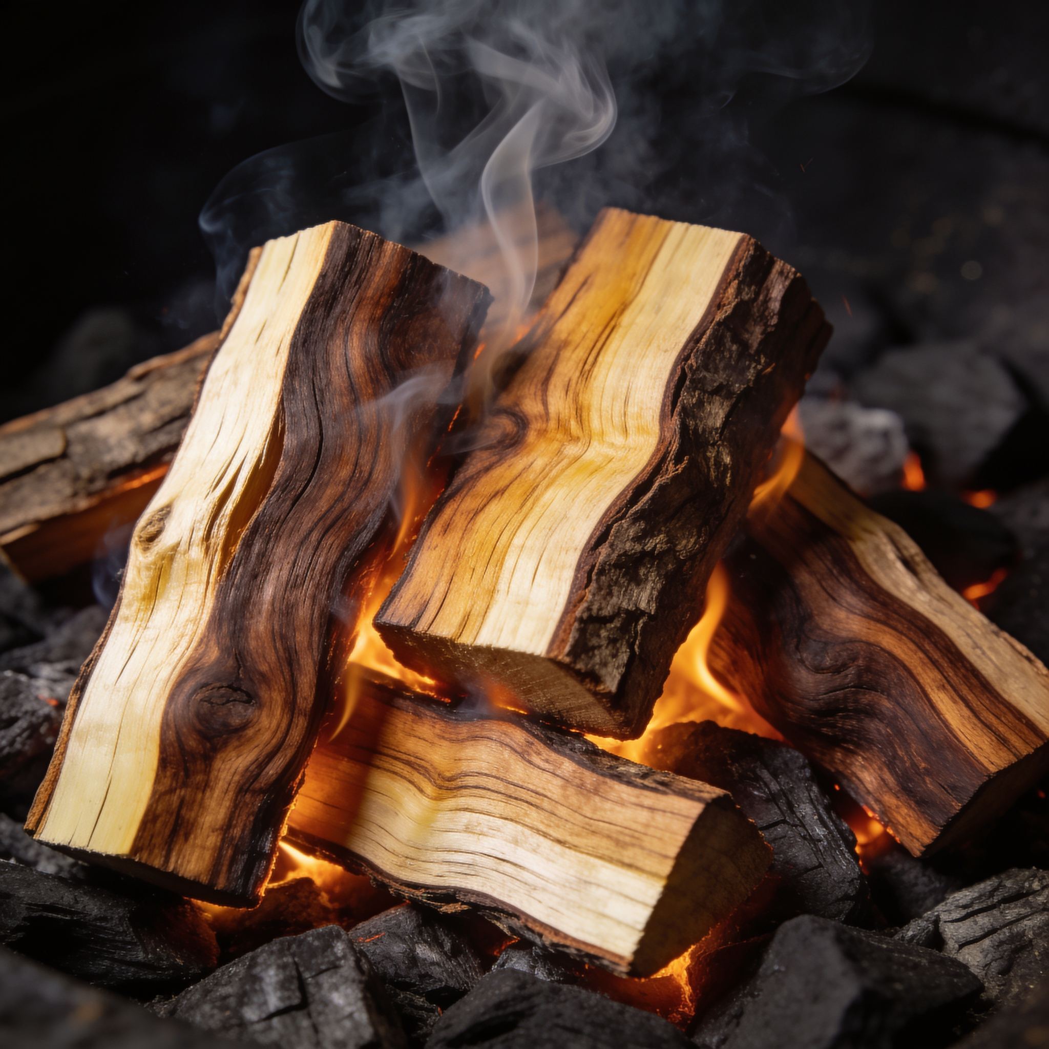 Natural Smoke Olive wood chunks smoking on hot coals